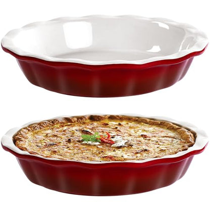 Lareina Deep Dish Pie Pan for Baking, 9 Inch Ceramic Fluted Pie Dish for Apple, Quiche, Pecan, Pot Pies, 53 Ounce Round Pie Plate, Set of 2, Red