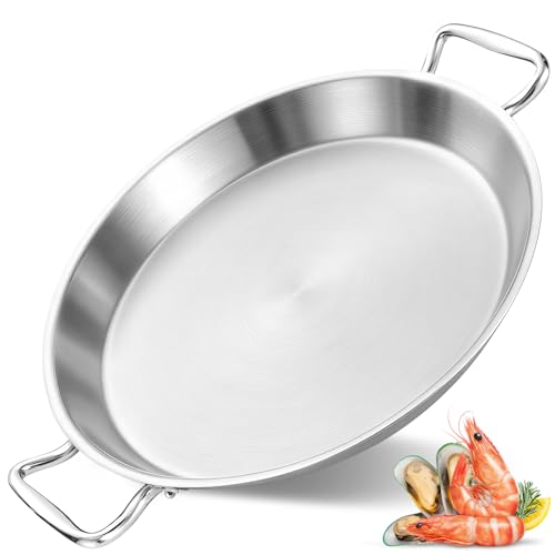 LOLYKITCH 16 Inch Tri-ply Stainless Steel Paella Pan, Detachable Handle Skillet, Induction Compatible Flat Bottom, Rust Proof & Warp Resistant, Large Oven Safe Cookware for Family of 8-10