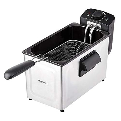 Amazon Basics 3.2-Qt (3.0L) Electric Deep Fryer with Adjustable Temperature Control, Easy Draining Basket, Viewing Window, Fast-Heating 1500W, Stainless Steel Exterior, Black & Silver