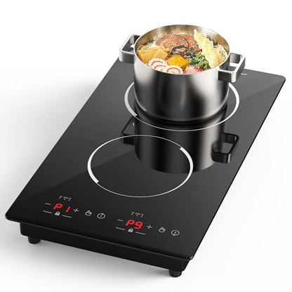 GIHETKUT Double Induction Cooktop,110V 2 Burner Induction Cooktop,2300W Electric Stove Top with Independent Control, Ultrathin Body, 9 Temperature, Multiple Power Levels, 2 Hour Timer, Safety Lock