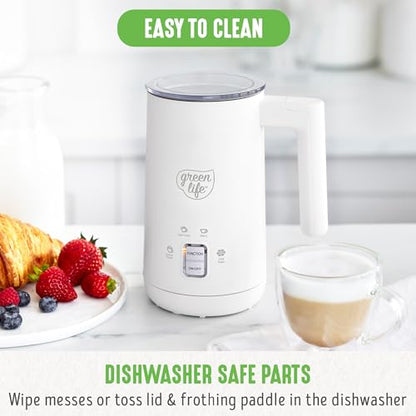 GreenLife Ceramic Electric Milk Frother, 10oz, 4-in-1, Auto Hot and Cold Foam, Dense and Light Foam, PFAS Free, Cordless Milk Warmer and Steamer for Latte, Coffee, White