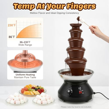 Commercial Chocolate Fountain, 5 Tier 7 Ibs Large Commercial Hot Chocolate Fondue Tower, 230W Electric Chocolate Fondue Fountain Machine 86-230℉ Temperature Adjustable (Black)