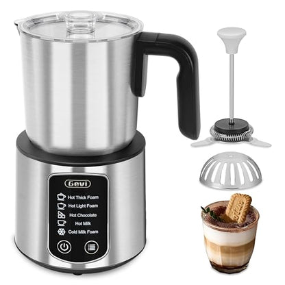 Gevi Milk Frother,5 in 1 Stainless Steel Professional Milk Steamer，Easy to Clean Hot Chocolate Maker,for Hot and Cold Milk Frother for Latte,Macchiato,Cappuccino and Hot Chocolate