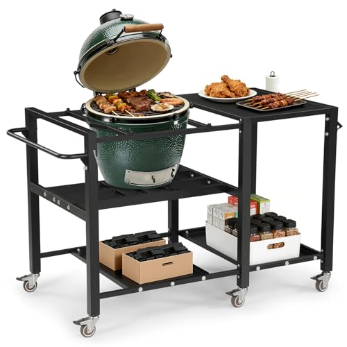 GVGBUK Outdoor Grill Table for Big Green Egg, Suitable for Various Sizes of Green Egg Nest Grill Racks,BBQ Cart with Lockable Wheels, Storage Rack Bottle Opener-Prep Cooking Station for Party, Black.