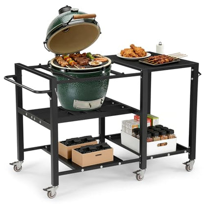 GVGBUK Outdoor Grill Table for Big Green Egg, Suitable for Various Sizes of Green Egg Nest Grill Racks,BBQ Cart with Lockable Wheels, Storage Rack Bottle Opener-Prep Cooking Station for Party, Black.