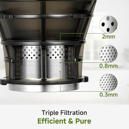 AMZCHEF Cold Press Juicer – 5.8" Wide Mouth Hopper for Whole Recipe Loading, Self Feeding for Hands-Free Operation, Zero Waste Masticating Juicer For More Juice, Less Pulp – Triple Strainers