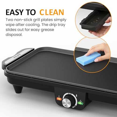 SUNVIVIPRO Electric Griddle Indoor, 1600W Large Flat Top Grill with 17.5" x 9" Nonstick Plates, 2 Cooking Zone with Adjustable Temp, Pancake Egg Maker with Drip Tray, Indicator Light