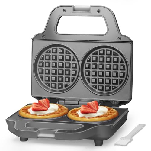 SugarWhisk 4 Inch Double Mini Waffle Maker Machine, Chaffle Maker, Waflera Electrica, Small Waffle Iron for Waffles, Keto Chaffles, Hash Browns, Cookies, Grey