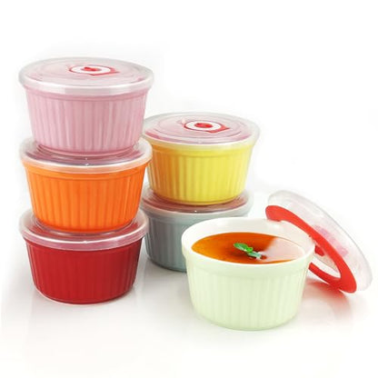 Ramekins with Lids 8 Oz - Set of 6, Ceramic Souffle Creme Brulee Ramekins with Covers, Colorful Custard Cups for Baking, Ceramic Custard Cups Safe and Dishwash Safe