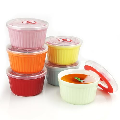 Ramekins with Lids 8 Oz - Set of 6, Ceramic Souffle Creme Brulee Ramekins with Covers, Colorful Custard Cups for Baking, Ceramic Custard Cups Safe and Dishwash Safe