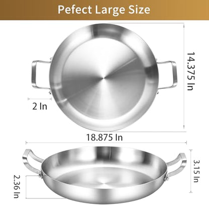 Inqibee 14-Inch Tri-Ply Stainless Steel Paella Pan,Large Skillet,Griddle Pan,Large Frying Pan,Jumbo Cooker,Induction Cookware,Dishwasher and Oven Safe.