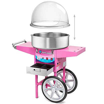 Olde Midway Cotton Candy Machine Cart with Bubble Shield, SPIN-2000 Electric Candy Floss Maker, Commercial-Grade