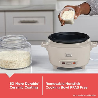 BLACK+DECKER 6-Cup Cooked (3 Cups Uncooked) Rice Cooker, Steaming Basket, Removable Nonstick Bowl, One-Touch Operation, Baked Stone