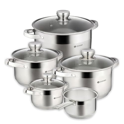 Daniks Standard 9-Piece Stainless Steel Cookware Set with Glass Lids, Includes Saucepan, Tri-Ply Bases for Even Heating, Induction Compatible, Dishwasher Safe, Built-In Measuring Scale, Silver