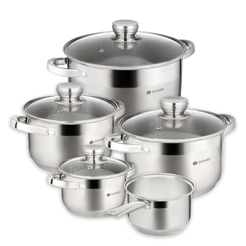 Daniks Standard 9-Piece Stainless Steel Cookware Set with Glass Lids, Includes Saucepan, Tri-Ply Bases for Even Heating, Induction Compatible, Dishwasher Safe, Built-In Measuring Scale, Silver