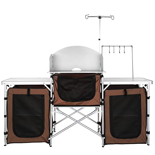 VEVOR Camping Kitchen Table, Folding Outdoor Cooking Table with Storage Carrying Bag, Aluminum Cook Station 3 Cupboard & Detachable Windscreen, Quick Set-up for Picnics, BBQ, RV Traveling, Brown