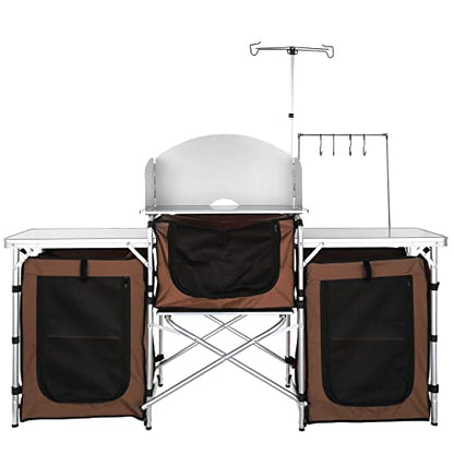 VEVOR Camping Kitchen Table, Folding Outdoor Cooking Table with Storage Carrying Bag, Aluminum Cook Station 3 Cupboard & Detachable Windscreen, Quick Set-up for Picnics, BBQ, RV Traveling, Brown