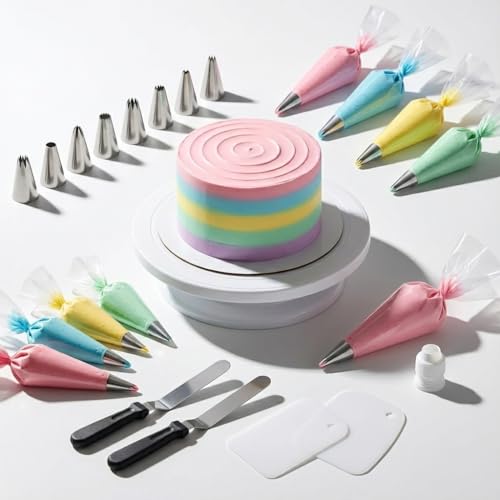 69 Pcs Cake Decorating Set- Includes Cake Stand Turntable,12 Icing Piping Tips Set, 50 Piping Bags, 3 Scrapers, 2 Frosting Spatulas and 1 couplers, Baking Supplies Kit for Home Bakers and Professional