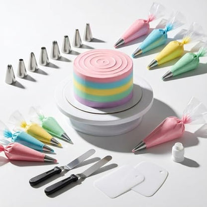 69 Pcs Cake Decorating Set- Includes Cake Stand Turntable,12 Icing Piping Tips Set, 50 Piping Bags, 3 Scrapers, 2 Frosting Spatulas and 1 couplers, Baking Supplies Kit for Home Bakers and Professional