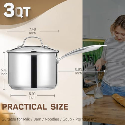 Ciwete 3 Qt Stainless Steel Saucepan with Glass Strainer Lid, 3 Quart Pot Stainless Steel Sauce Pan with Pour Spout, Mirror Polishing, Compatible with All Cooktops Dishwasher Safe Oven Safe