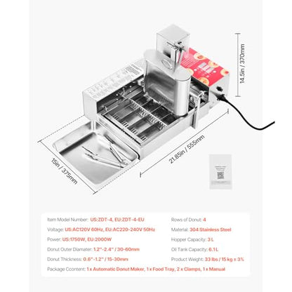 Happybuy Commercial Automatic Donuts Machine: 4-Row, High-Powered Doughnut Maker! Produces 240 PCS/HOUR. Equipped with Intelligent Control and Made of Stainless Steel