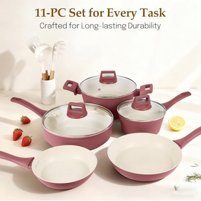 M MELENTA Pots and Pans Set Non Stick, 11-Piece Nonstick Induction Cookware Set, Non-Toxic Kitchen Cooking Set with Frying Pans, Saucepan, Stock Pot, PFOA Free, Red Brown