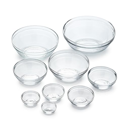 Duralex Le Gigogne Glass Mixing Bowl Set – 9-Piece Clear Stackable Prep Bowls Made of Durable Glass