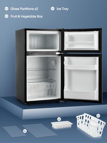 Mini Fridge with Freezer for Bedroom, 3.1 Cu.ft Double Doors Small Refrigerator with Ice Tray, Removable Shelves, Temperature Control Mini Refrigerator for Dorm and Office