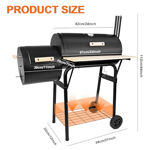HALNYHYFD Charcoal Grills with Offset Smoker & Thermometer, Barrel BBQ Grill & Smoker Combo, Spacious Barbecue Grill for Outdoor Backyard Camping Parties