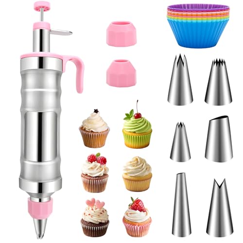 Dessert Decorating Syringe Set, Frosting Piping Kit Stainless Steel Cake Decorating Tools with 6 Piping Tips & 9 Silicone Cupcake, Cake Decorating Kit for Beginners