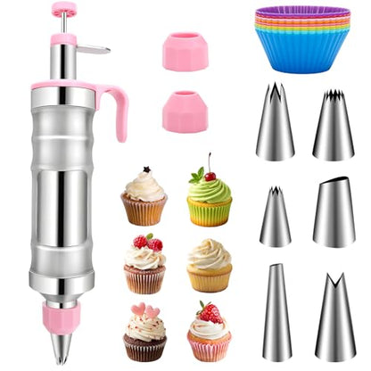 Dessert Decorating Syringe Set, Frosting Piping Kit Stainless Steel Cake Decorating Tools with 6 Piping Tips & 9 Silicone Cupcake, Cake Decorating Kit for Beginners