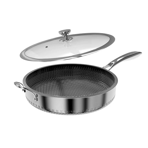 CATHYLIN 316L Stainless Steel 8QT Frying Pan Hexagon Nonstick Wok with Lid,Single Handle to Hold, PFOA Free, Dishwasher Oven Safe (8QT/Single Handle)