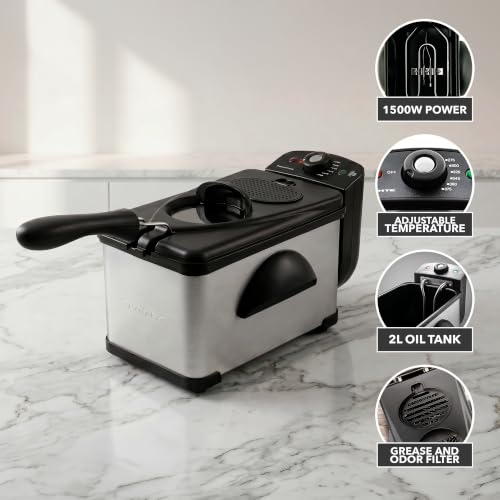 OVENTE Electric Deep Fryer 2 Liter Capacity, 1500 Watt Lid with Viewing Window and Odor Filter, Adjustable Temperature, Removable Frying Basket and Easy to Clean Stainless Steel Body, Silver FDM2201BR
