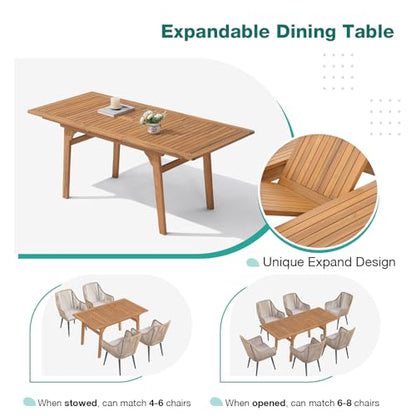 Patiorama 7-Piece Outdoor Dining Set, Patio Wicker Dining Table Chair Set with 55"-71" Acacia Wood Expandable Table & Twisted Rattan Rope Chairs, All-Weather Dining Furniture Set for Yard Garden, Tan