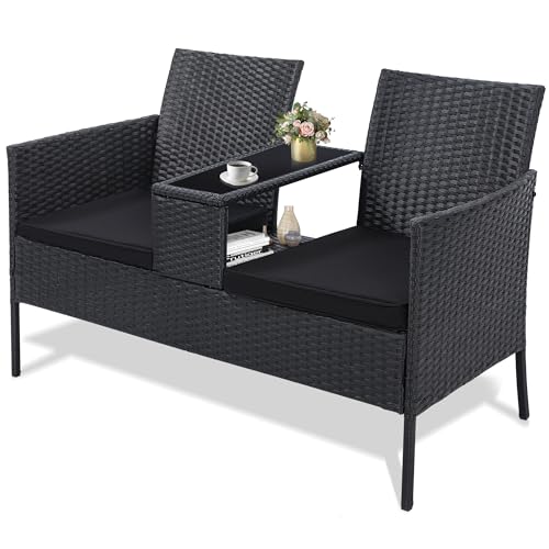Kromax Wicker 2 Seat Patio Loveseat, Outdoor Rattan Loveseat with Table