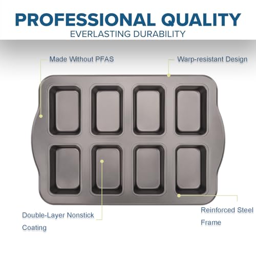 UCBAT Mini Loaf Baking Pans Set 8-Cavity with 200 PCS Parchment Liners, Nonstick Bakeware Rectangle Bread Pan, Heavy Duty Banana Bread Pan, Grey
