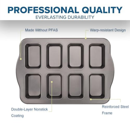 UCBAT Mini Loaf Baking Pans Set 8-Cavity with 200 PCS Parchment Liners, Nonstick Bakeware Rectangle Bread Pan, Heavy Duty Banana Bread Pan, Grey