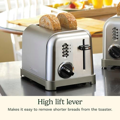 Cuisinart CPT-160P1 Metal Classic 2-Slice Toaster, Brushed Stainless Steel, 6 Shade Settings, 1.5" Wide Slots for Bagels & Bread, Defrost/Reheat Functions, Extra-Lift Lever, Slide-Out Crumb Tray