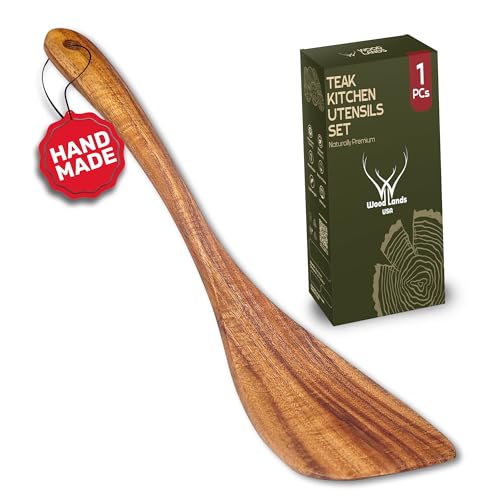 Wooden Spatula for Cooking, Teak Wood Spatula for non stick frying pan With Long Handle - Wooden Pancake Spurtle Non-Stick Cooking Utensils for kitchen use
