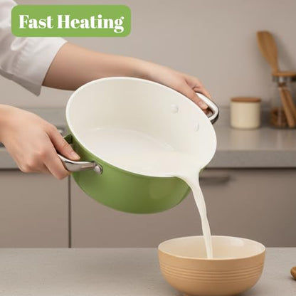 ZENFUN Ceramic Nonstick Stock Pot with Lid, 4.2 Quart Soup Pot, Cooking Pot Stew Pots, Induction Compatible Stockpot, Avocado Green