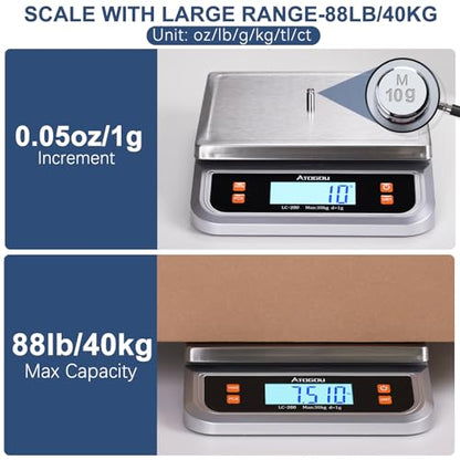 Atogou 88lb Commercial Digital Kitchen Scale 40kg/1g, with 6 Units Conversion, Stainless Steel, LCD Display, AA Battery or Plug-in Use for Baking, Bread, Cooking, Meat LC200 Grey