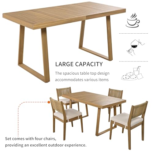 HZSSDTKJ 5-Piece Patio Furniture Dining Set, Multi-Person Outdoor Acacia Wood Dining Table Set with 4 Chair with Thick Cushions, Elegant Conversation Set for Balcony, Vourtyard and Garden (Beige-01)
