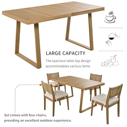 HZSSDTKJ 5-Piece Patio Furniture Dining Set, Multi-Person Outdoor Acacia Wood Dining Table Set with 4 Chair with Thick Cushions, Elegant Conversation Set for Balcony, Vourtyard and Garden (Beige-01)