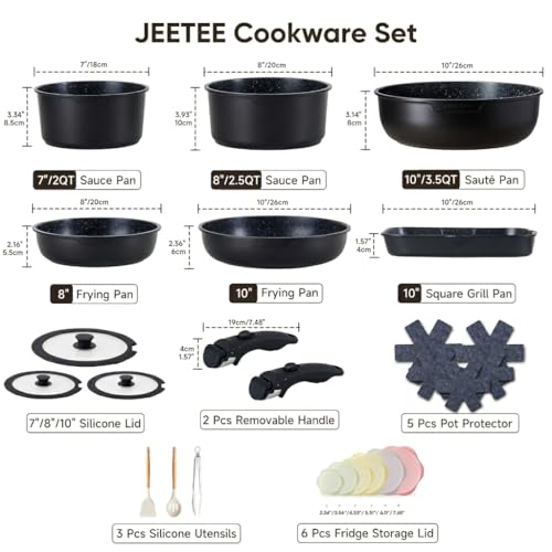 JEETEE Cookware Set (6 Essential Pots & 19 Accessories), Nonstick Pots and Pans with Detachable Handle for Induction Cooking, RV Kitchen Space Saving, PFAS Free, Black