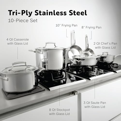 Procasa 10-Piece Triply Stainless Steel Cookware Set - Fully Clad Pots and Pans Set with 8 Qt Pasta Pot, Saute, Saucepan, Frying Pan - Non Toxic Cookware - Induction, Dishwasher & Oven Safe