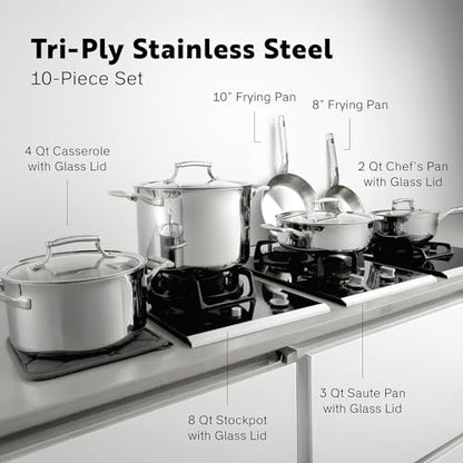 Procasa 10-Piece Triply Stainless Steel Cookware Set - Fully Clad Pots and Pans Set with 8 Qt Pasta Pot, Saute, Saucepan, Frying Pan - Non Toxic Cookware - Induction, Dishwasher & Oven Safe