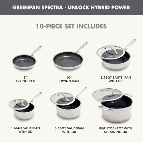 GreenPan Spectra 10 Piece Cookware Set,Hybrid Tri-Ply Stainless Steel, PFAS-Free Ceramic Nonstick Textured Cooking Surface,Induction Pots & Pans with Lids, Dishwasher Safe,Oven & Broiler Temp to 850˚F