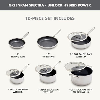 GreenPan Spectra 10 Piece Cookware Set,Hybrid Tri-Ply Stainless Steel, PFAS-Free Ceramic Nonstick Textured Cooking Surface,Induction Pots & Pans with Lids, Dishwasher Safe,Oven & Broiler Temp to 850˚F