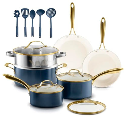 Gotham Steel 15 Pc Ceramic Pots and Pans Set Non Stick, Kitchen Cookware Sets, Pot and Pan Set, Ceramic Cookware Set, Non Toxic Cookware Set, Non Stick Pots and Pan Set, Dishwasher Safe - Navy