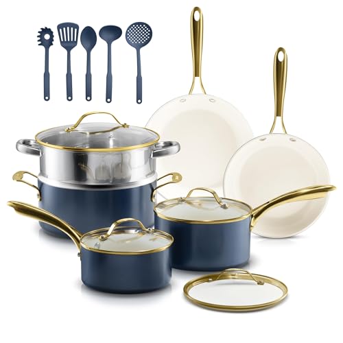 Gotham Steel 15 Pc Ceramic Pots and Pans Set Non Stick, Kitchen Cookware Sets, Pot and Pan Set, Ceramic Cookware Set, Non Toxic Cookware Set, Non Stick Pots and Pan Set, Dishwasher Safe - Navy